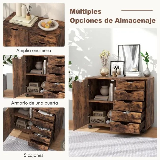 Arquivo escritório 78 x 40 x 65 cm com 5 gavetas com 4 rodas giratórias Café