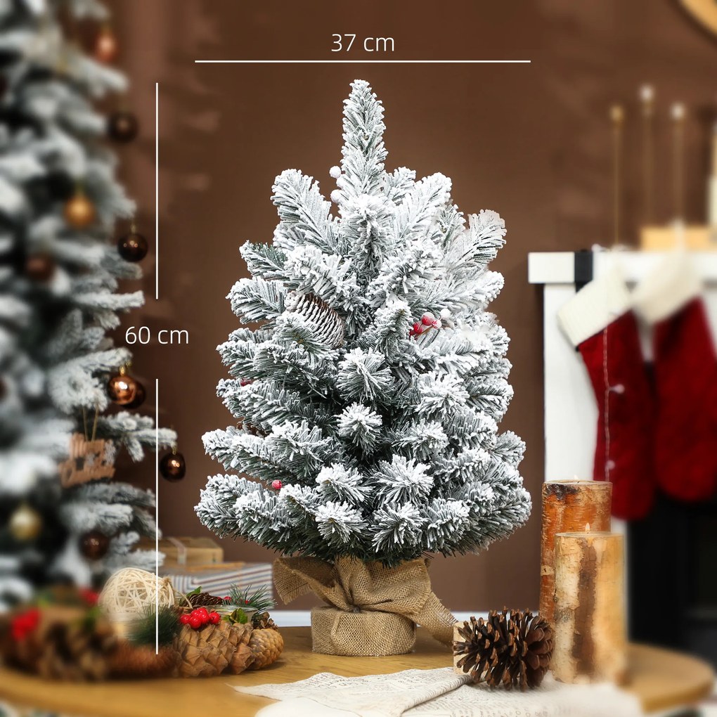 Mini Árvore de Natal Artificial com 35 Luzes LED 60 cm com 72 Ramos com Neve Pinhas Bagas e Base de Saco de Juta Ø37x60 cm Verde