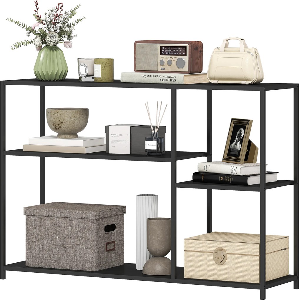 Mesa consola estreito 110 x 30 x 75 cm com 4 prateleiras, estilo industrial, estrutura em aço, preta