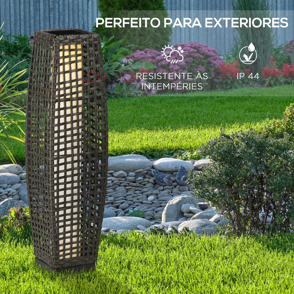 Outsunny Candeeiro de Jardim de Vime Sintético Candeeiro Solar de Exterior com Luzes LED Ligar/Desligar Automático para Varanda Pátio 21x21x78cm Cinza