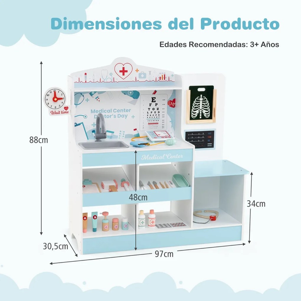 Hospital de brincar infantil com 24 acessórios Relógio Torneira Lavatório Monitor ECG para crianças a partir dos 3 anos 97 x 30,5 x 88 cm Azul