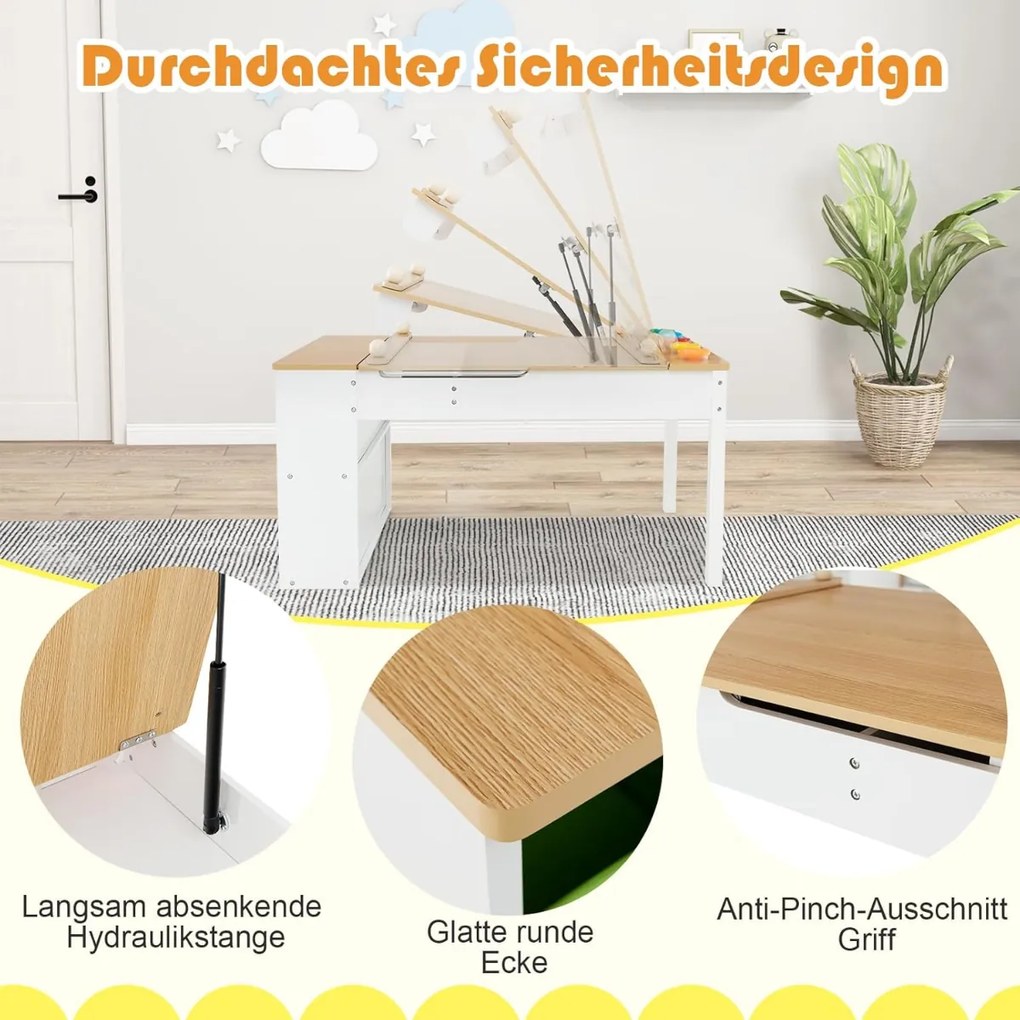 Mesa de atividades 3 em 1 e cavalete com tampo elevável e 6 recipientes de tecido e rolo de papel branco