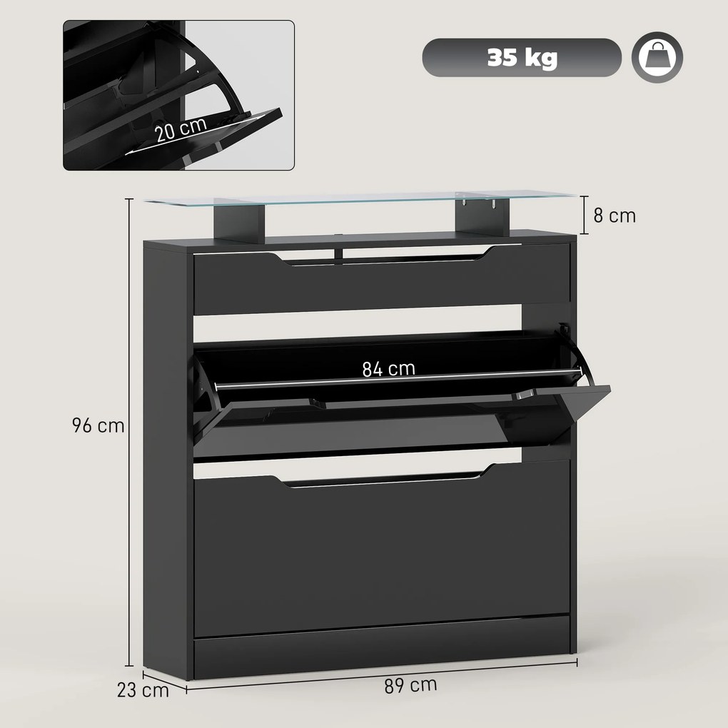 Sapateira 2 gavetas basculantes, 1 gaveta deslizante, 1 balcão, 89 x 23 x 96 cm, preto