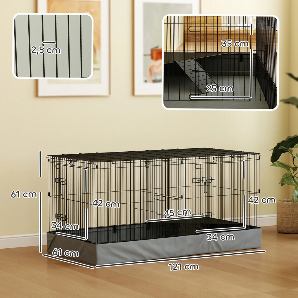 Gaiola 2 em 1 para pequenos animais 121 x 61 x 61 cm com tampa amovível, recinto para coelhos com 2 zonas separadas e rampa, em aço preto