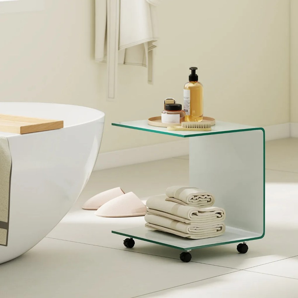 Mesa auxiliar em forma de C em vidro temperado 39,5 x 45 x 48 com prateleira de 2 níveis 4 rodas giratórias bloqueáveis Branco