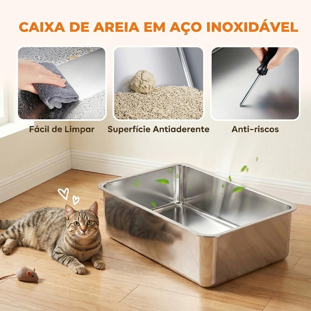 Conjunto de 2 Caixas de Areia XL em Aço Inoxidável com Bordo Alto e 2 Pás para Gatos Grandes e Vários Gatos Cinza Escuro