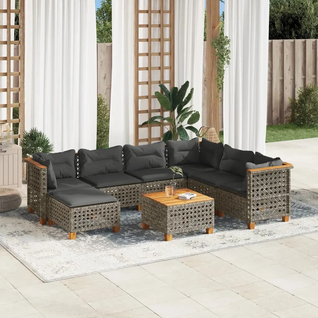 vidaXL 8 pcs conjunto sofás de jardim c/ almofadões vime PE cinzento