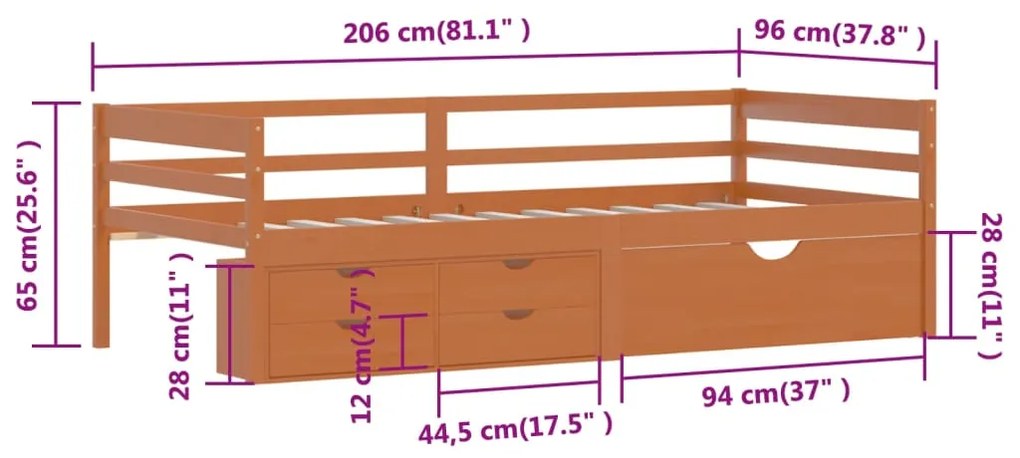 Cama com gavetas e móvel 90x200 cm pinho maciço castanho-mel