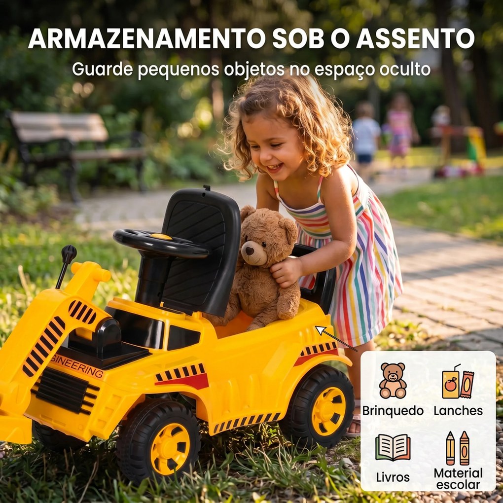 Trator Sem Pedais com Rolo Dianteiro Elevável Buzina e Arrumação Amarelo