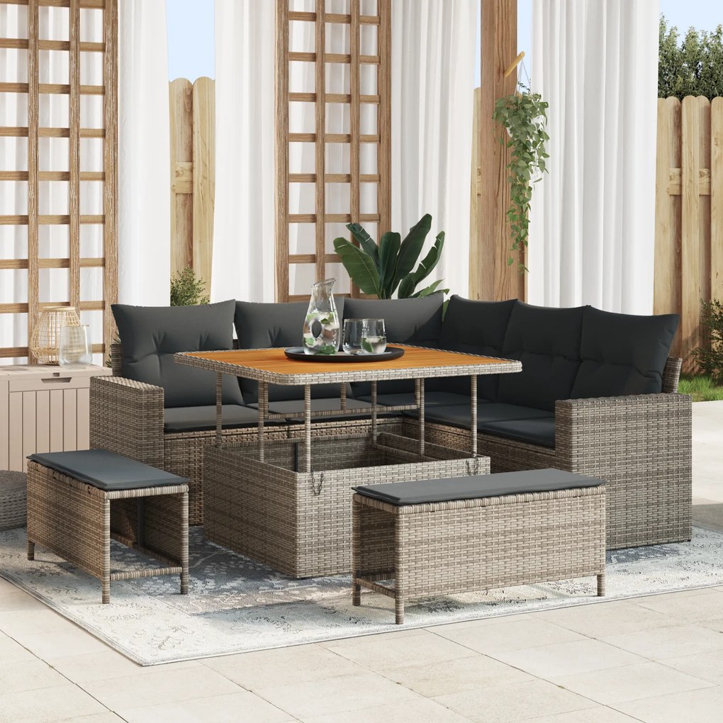 Conjunto de Sofás de Jardim com Almofadas Cinza Vime Acácia de 8 Peças