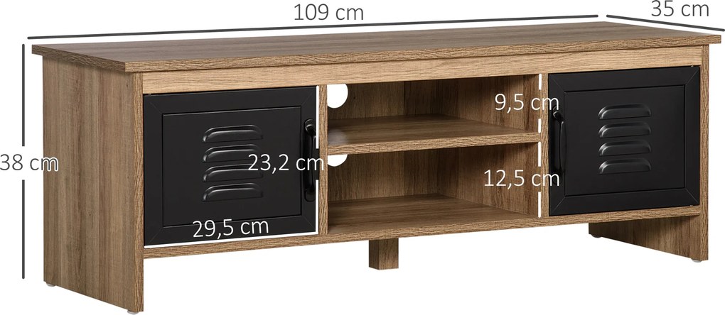 Móvel para TV com banco,109 x 35  x 38 cm, design industrial, com 2 armários, 2 compartimentos abertos, 2 passas-cabos, acabamento em madeira com veio