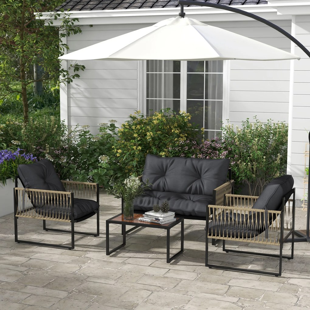 Conjunto de Móveis de Jardim de Vime Sintético 4 Peças com 2 Poltronas 1 Sofá de 2 Lugares 1 Mesa de Centro Cinza Escuro
