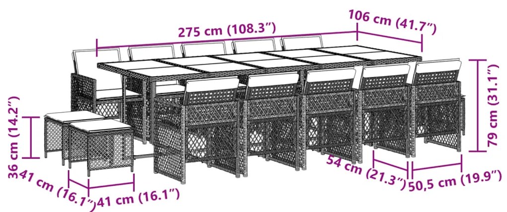 15 pcs conjunto de jantar p/ jardim com almofadões vime PE bege