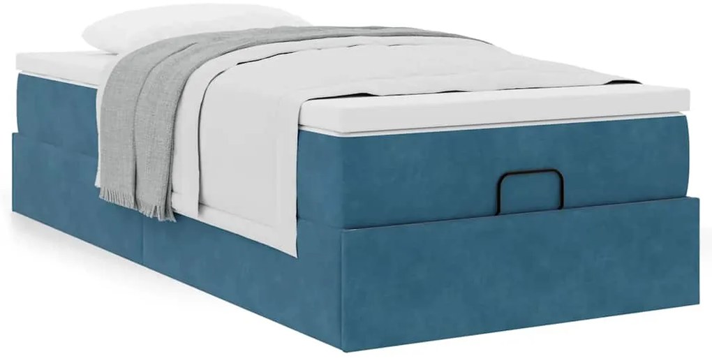 Estrutura cama otomana com colchão azul escuro 90x190cm veludo