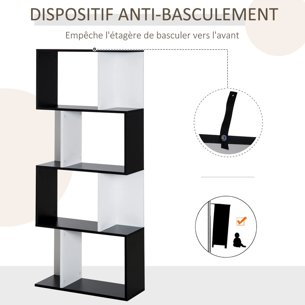 Estante de 5 níveis 60 x 24 x 148 cm, móvel de arrumação em forma de S com prateleiras, estante para sala de estar, quarto e escritório, preto, branco