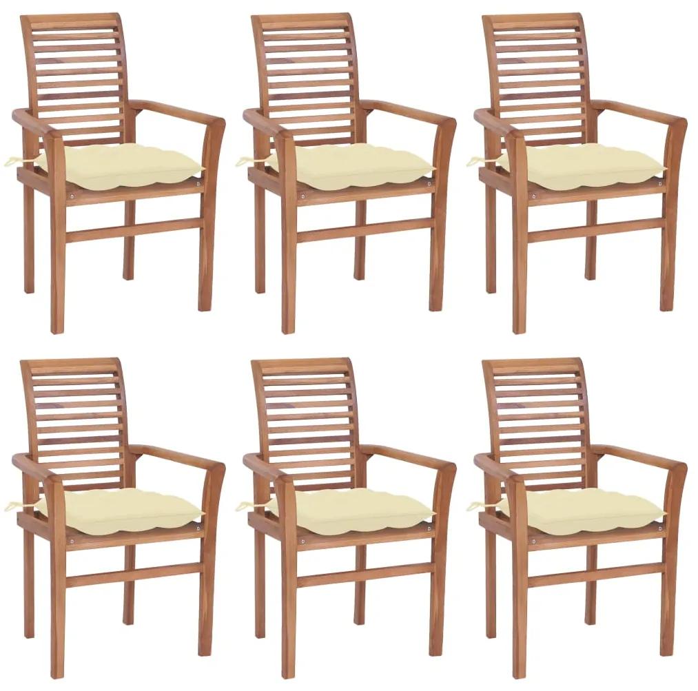 Cadeiras de jantar c/ almofadões branco nata 6 pcs teca maciça