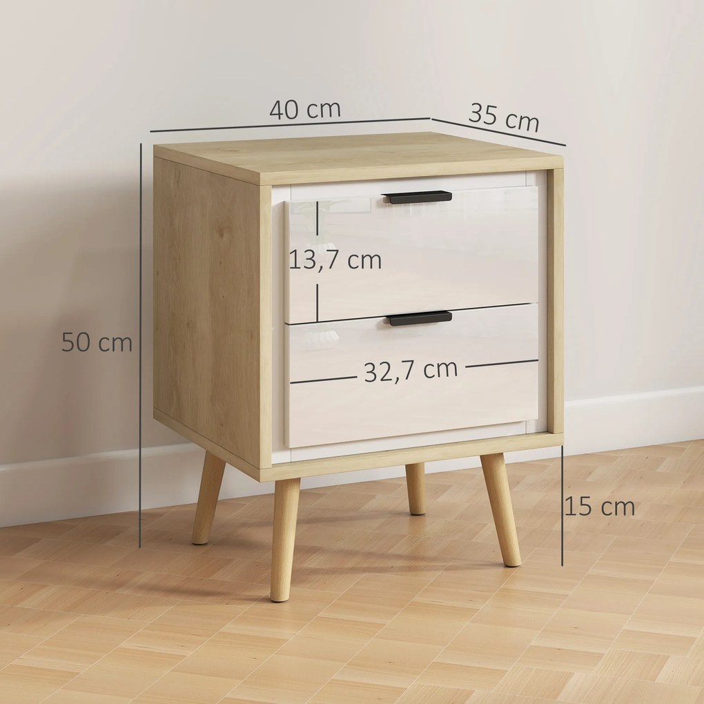 Mesa de Cabeceira, 40 x 35 x 50 cm, 2 Gavetas Silenciosas, Castanho e Branco Brilhante