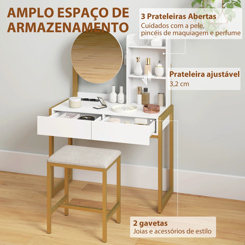 Toucador de Maquilhagem com Espelho e Banco Acolchoado Estação de Carregamento 2 Gavetas 3 Prateleiras para Quarto Branco