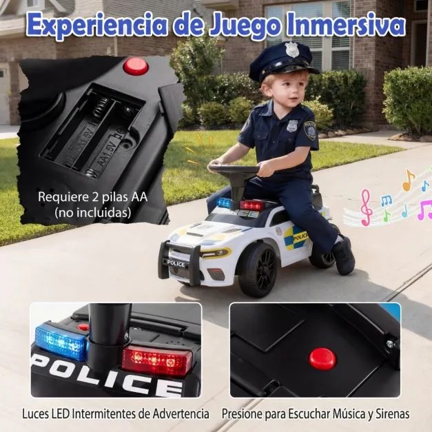 Andador de polícia deslizante para bebés com mais de 18 meses, com luzes, música e sirene, arrumação debaixo do assento, branco