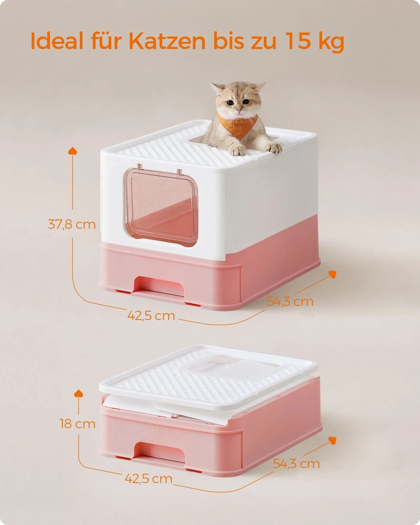 Caixa de areia para gatos com tampa e colher espaçoso branco-rosa pastel