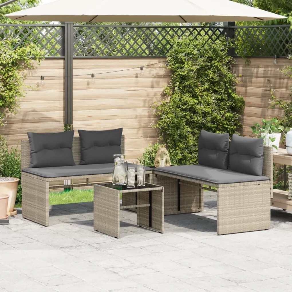 4 pcs conj. sofás jardim c/ almofadões vime PE cinzento-claro