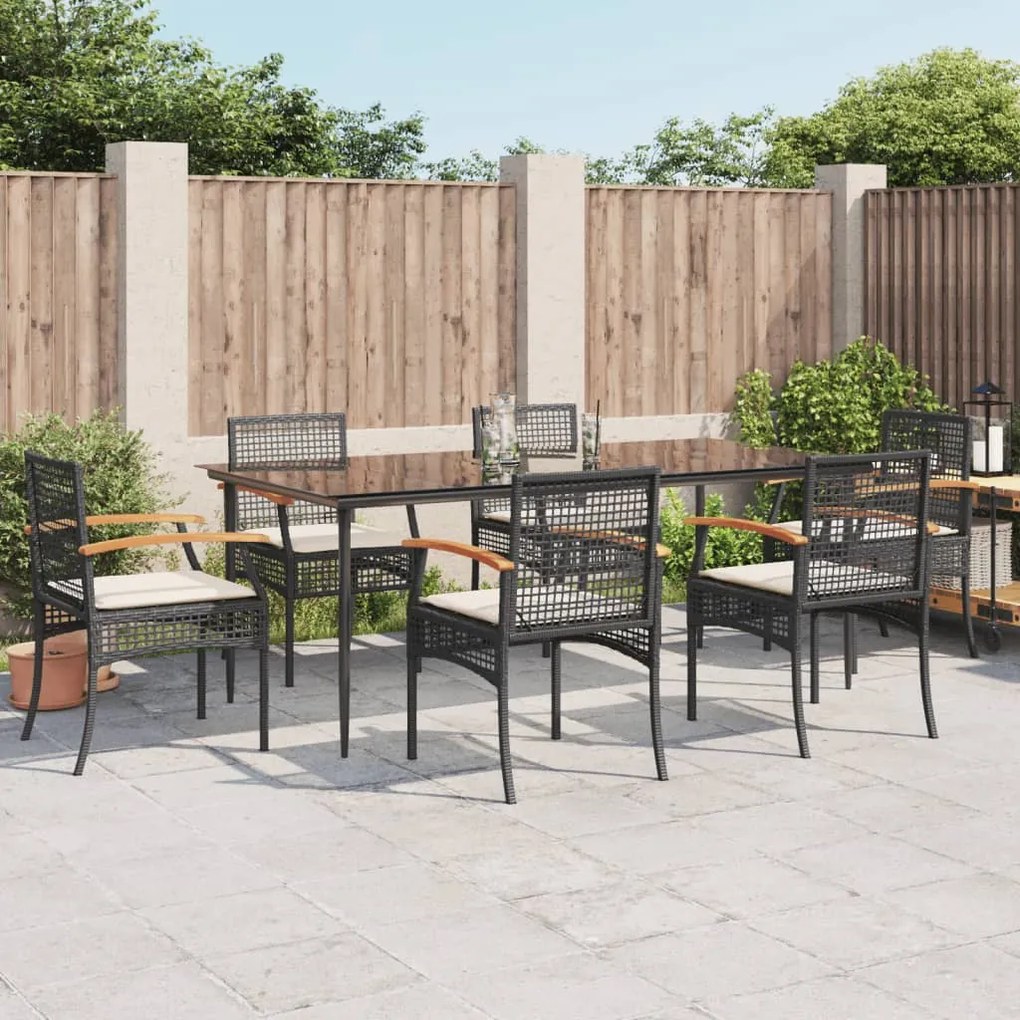 7 pcs conjunto de jantar p/ jardim c/ almofadões vime PE preto