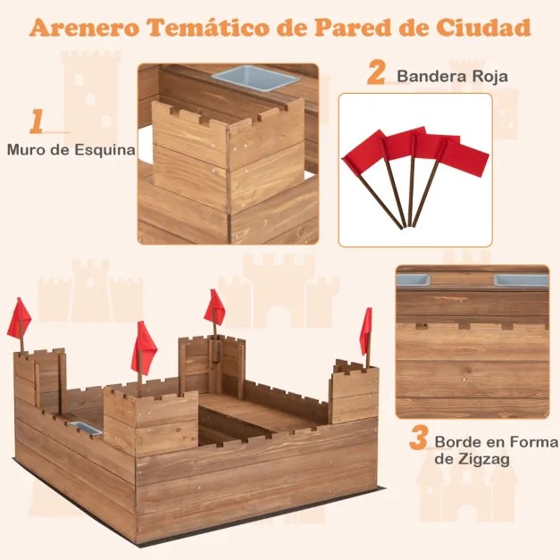 Caixa de areia de madeira para crianças a partir de 3 anos com caixa de armazenamento de banco e bandeiras para jardim e praia 113 x 116 x 75 cm Casta