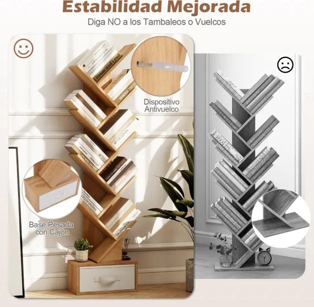 Estante de 9 níveis forma de árvore com gaveta 38 x 21,5 x 149,5 cm natural.