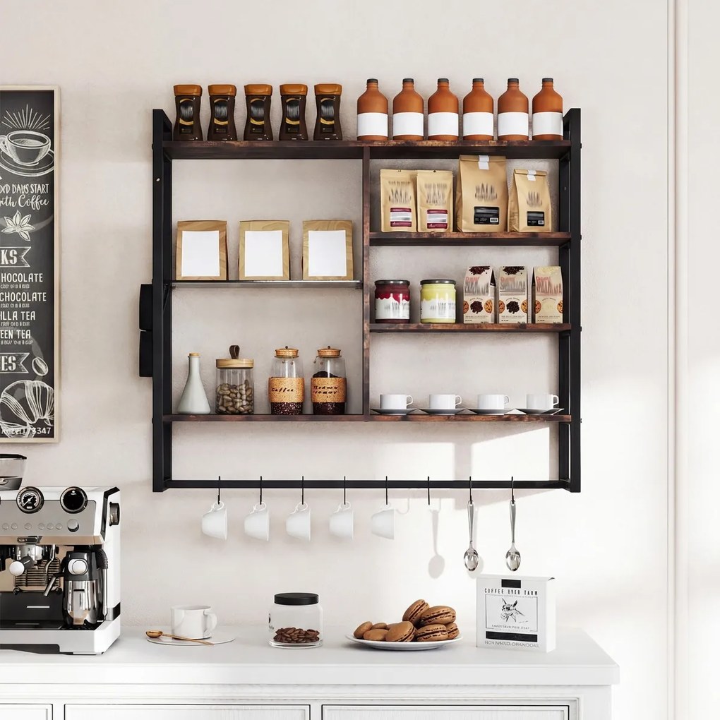 Prateleira suspensa moderna 107 x 24 x 96 cm, 6 níveis, 8 ganchos e bolso lateral para cozinha, bar ou casa – Preta e castanha