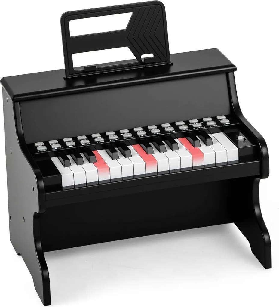 Piano de brincar com 25 teclas para crianças 38 x 24 x 29 cm, com suporte e modo de aprendizagem, velocidade e volume ajustáveis, design em madeira pr