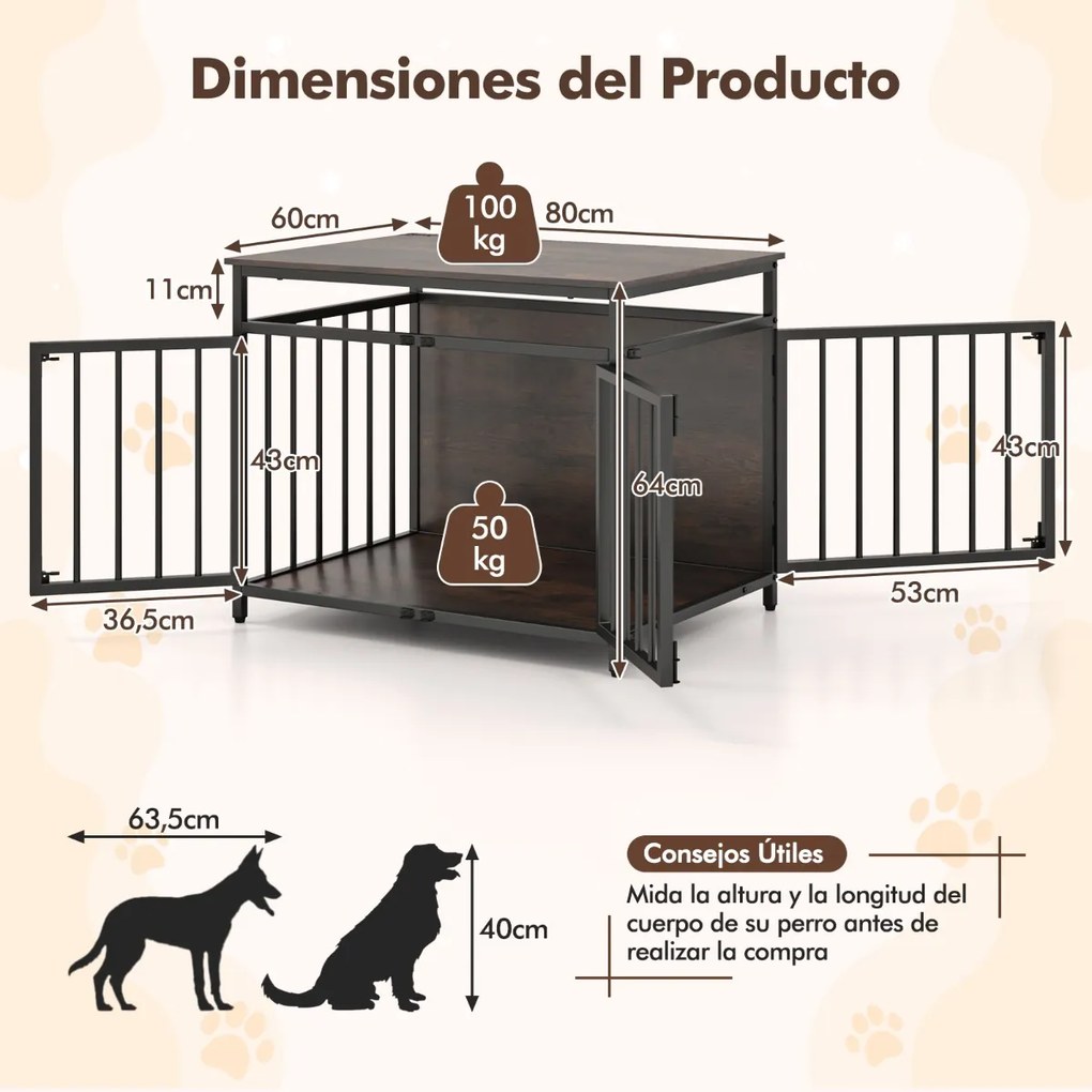 Gaiola para cães 80 x 60 x 64 cm estilo móvel resistente a mordidas com 3 portas e parte superior oca para interior estilo rústico café