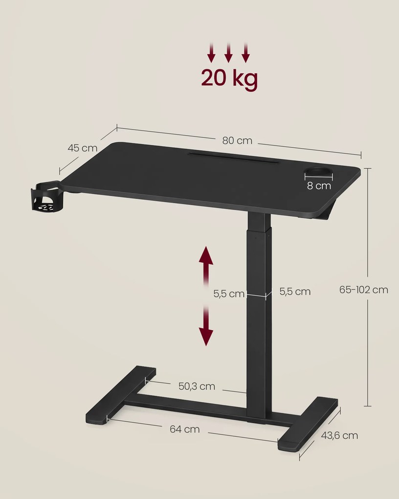 Mesa auxiliar para computador móvel com rodas, 80 x 45 cm 80 x 45 x (65-102) cm Preto