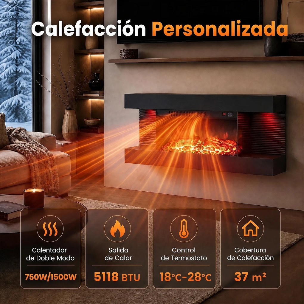 Lareira Elétrica Encastrável, 82 x 20,6 x 41,8 cm, Visão Tripla, Preto