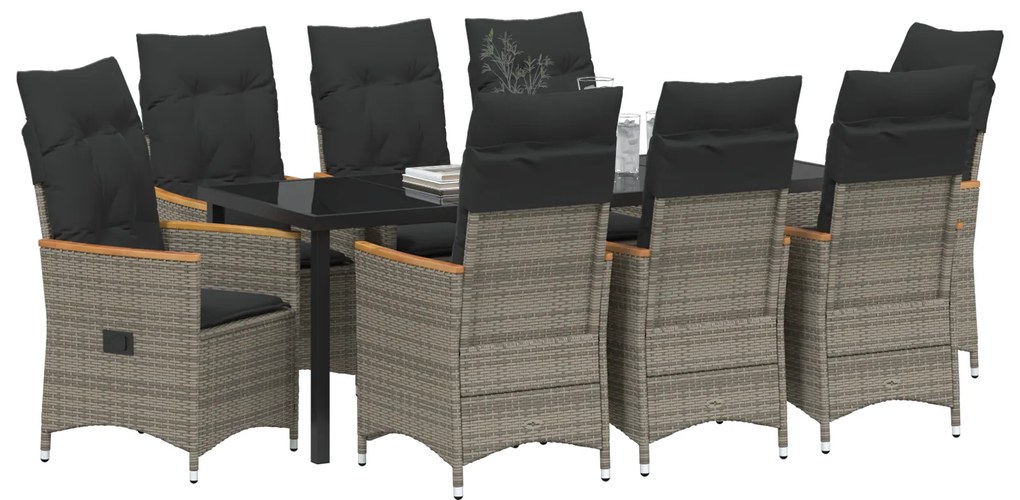 Conjunto de Jantar de Jardim 9 Peças com Almofadas Cinza Rattan Poli