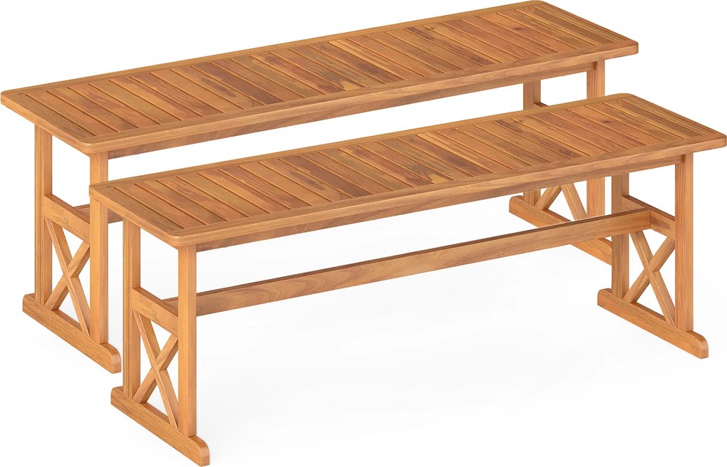 Conjunto de 2 bancos jardim de madeira de acácia para exterior 35 x 130 x 45 cm, sem encosto, com assento em ripas, para 2-3 pessoas, para sala de jan