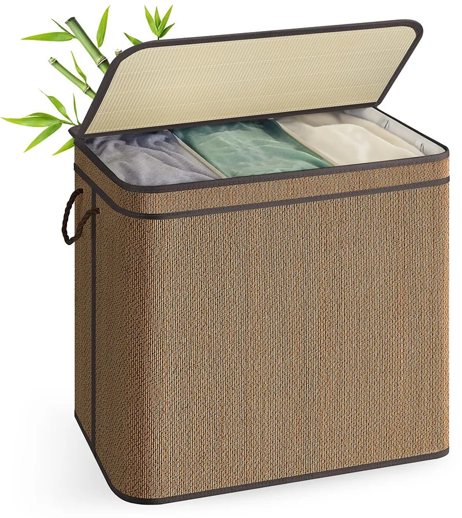 Cesto para roupa suja de 170 litros 67 x 44 x 61 cm em bambu com 3 compartimentos e tampa castanho