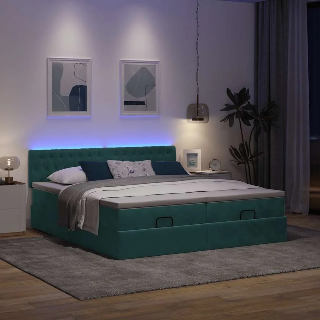 Estrutura de cama otomana com colchão verde escuro Veludo