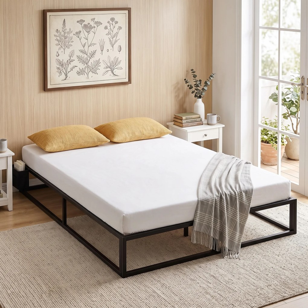 Estrutura de Cama de Casal, 190 x 140 x 25 cm, (COLCHÃO NÃO INCLUIDO) com Bolsa de Arrumação, Preta