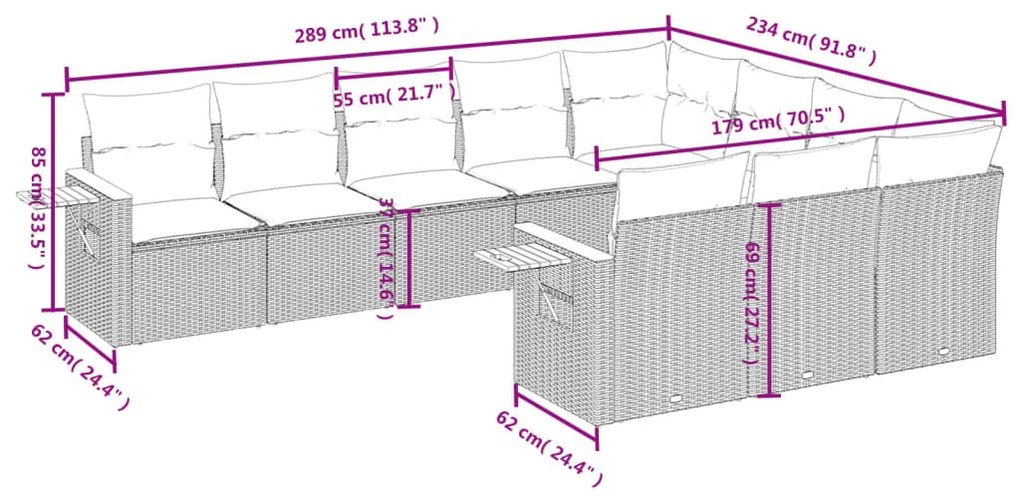 10 pcs conjunto de sofás p/ jardim com almofadões vime PE bege