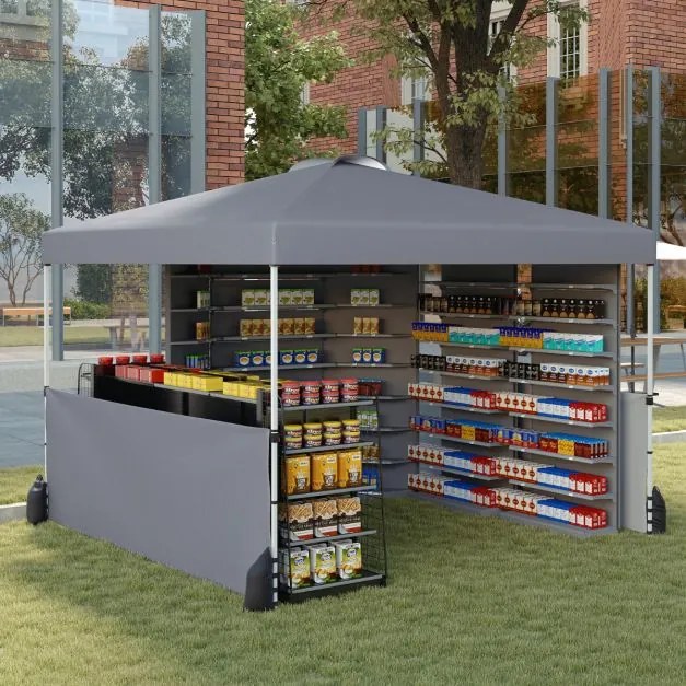 Tenda Jardim pop up 300 X 300 CM com 2 Paredes Laterais com Bolsa , 4 Sacos de areia 8 Estacas 4 Ancoras feiras, festas, eventos Cinzento
