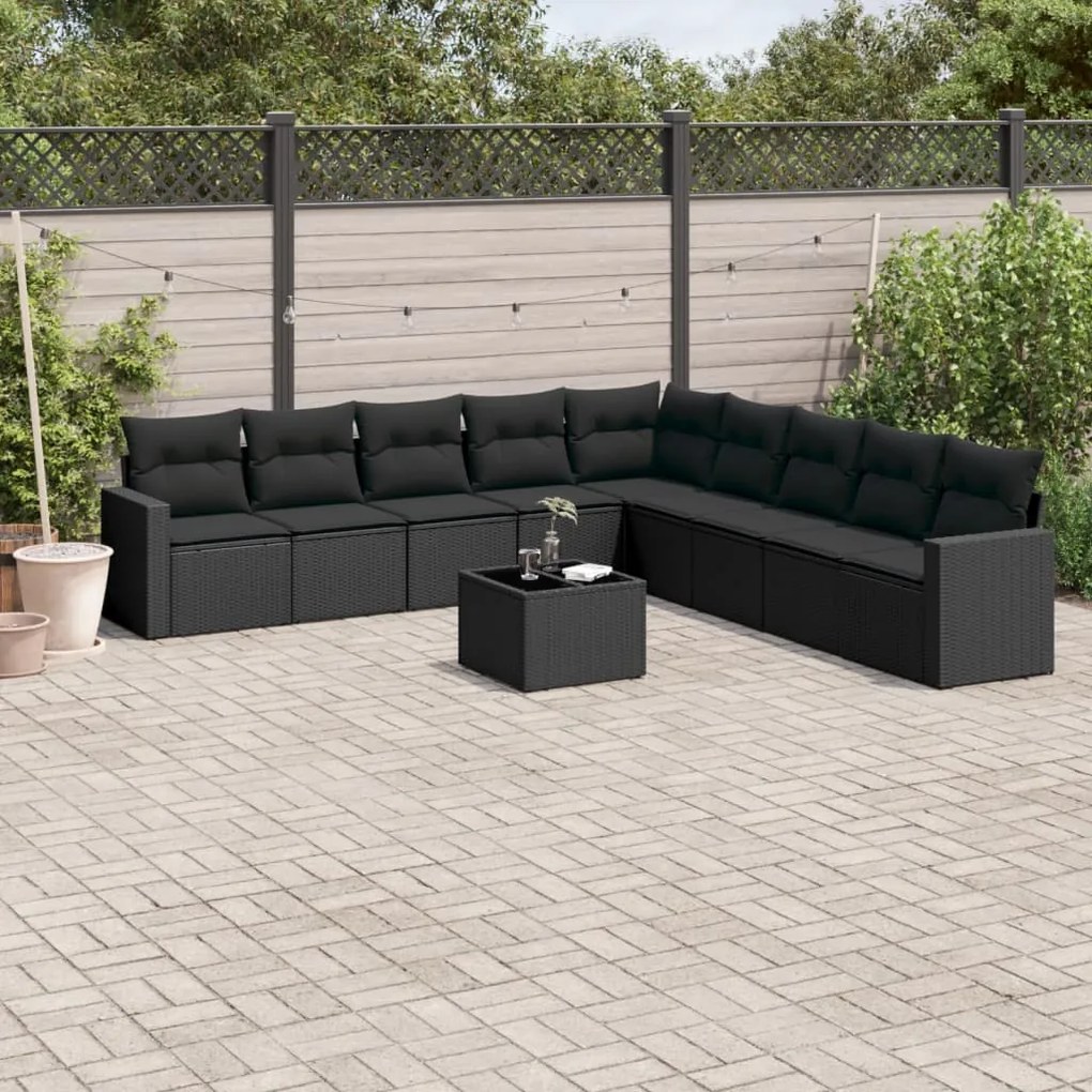 10 pcs conjunto sofás de jardim c/ almofadões vime PE preto