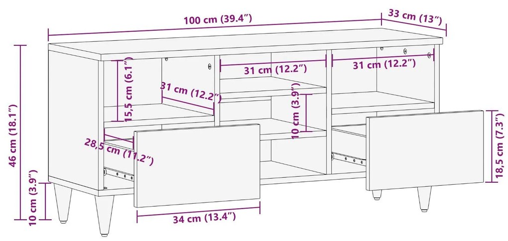 Armário de TV 100x33x46 cm Madeira Sólida de Mangueira