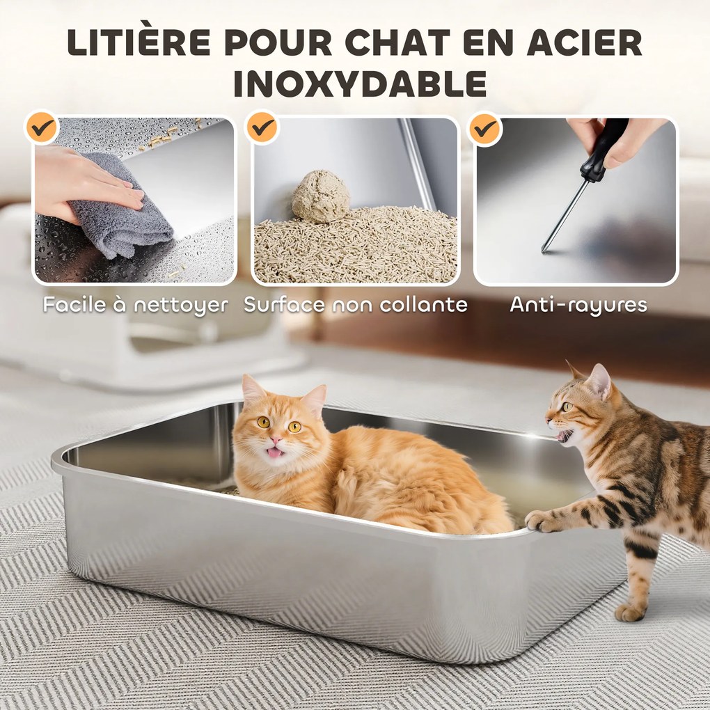 Caixa de areia fechada para gatos em aço inoxidável 70 x 50 x 46,5 cm, casa de higiene para gatos com pá, branca