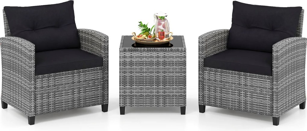 Conjunto de jardim de 3 peças, composto por cadeiras de rattan e mesa com tampo de vidro temperado para pátio, rattan em mistura de cinzento com almof