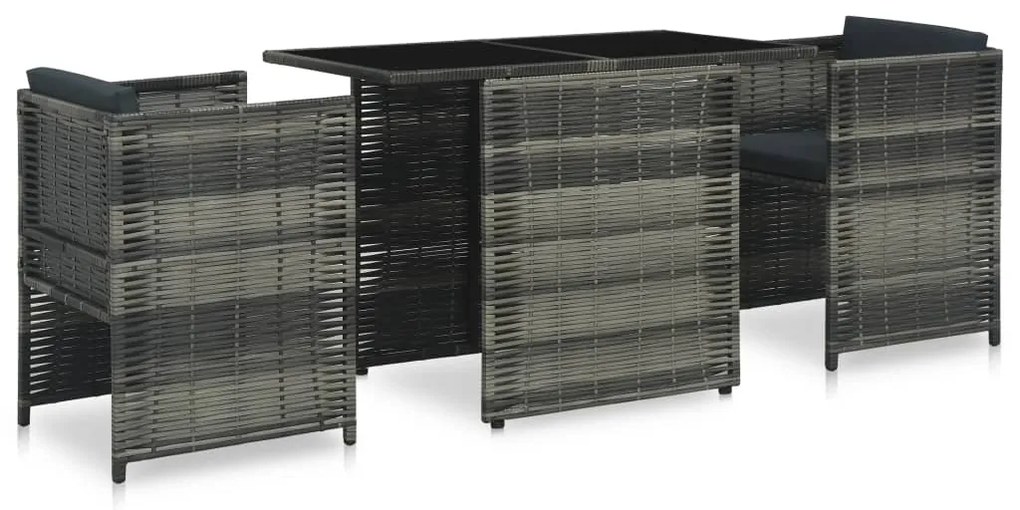 vidaXL 3 pcs conjunto bistrô com almofadões vime PE cinzento