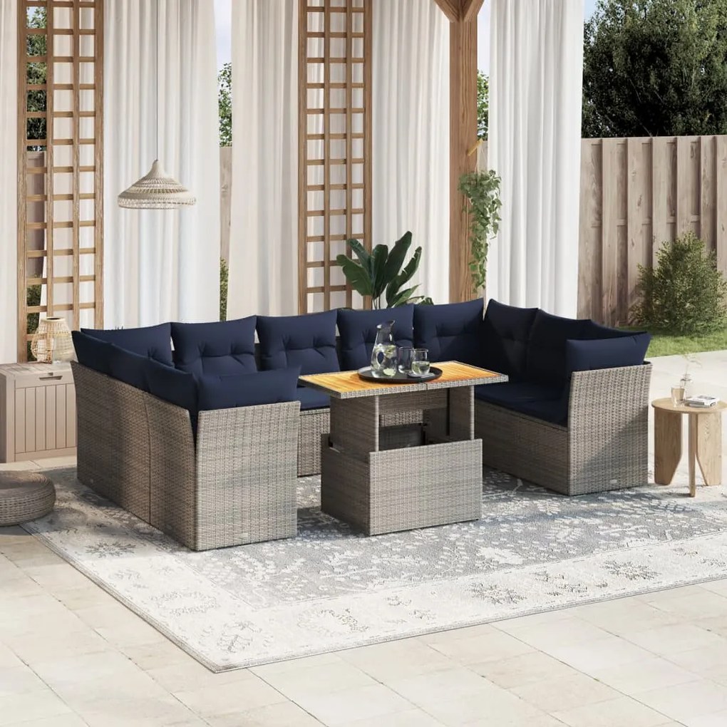 vidaXL 10 pcs conjunto sofás p/ jardim c/ almofadões vime PE cinzento