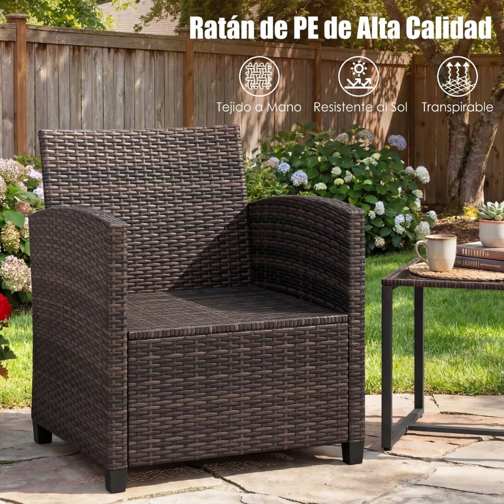 Conjunto de 3 móveis de rattan para jardim, com 2 cadeiras, mesa de vidro e almofadas pretas com capas removíveis, para jardim, terraço ou piscina Cas