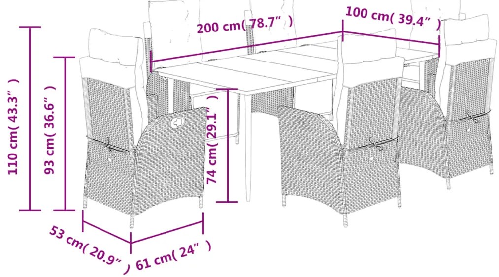 7 pcs conj. jantar p/ jardim c/ almofadões vime PE cinza-claro