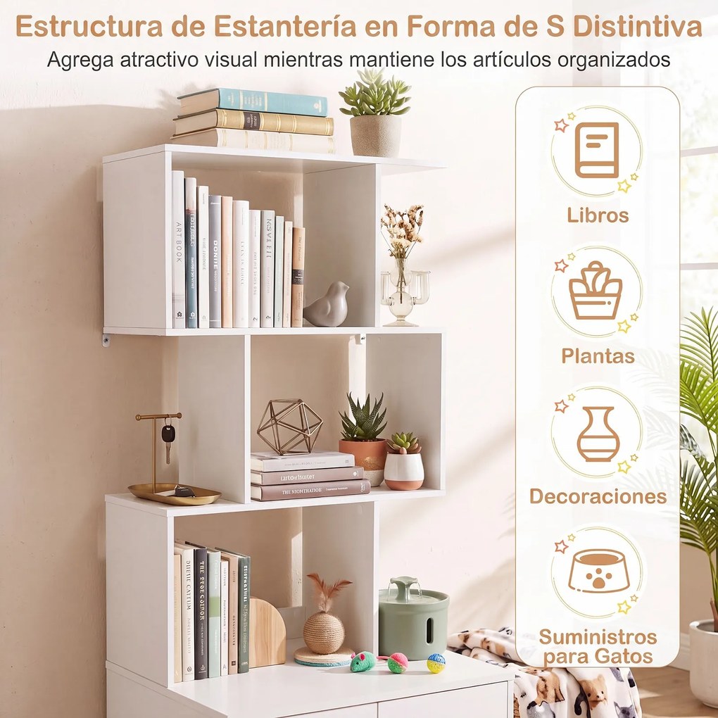 Móvel para Gatos com Armário para Caixa de Areia (NÃO INCLUIDA), 60 x 45 x 141 cm, Estante em Forma de S, Branco