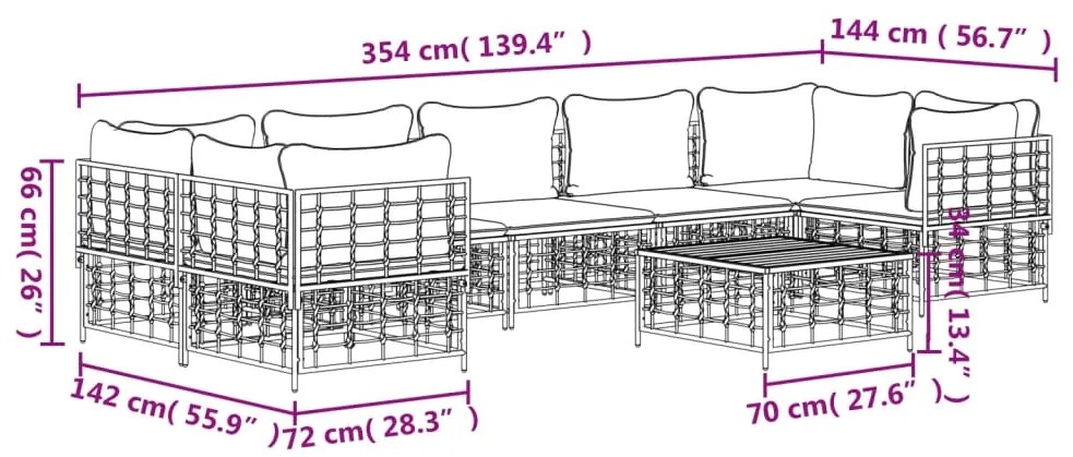 8 pcs conjunto lounge de jardim c/ almofadões vime PE antracite